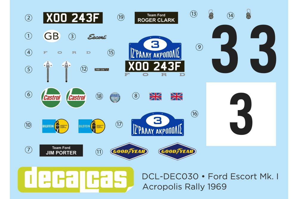 Decalcas DCL-DEC030 Ford Escort Mk. I - Ford Motor Co Ltd - Acropolis Rally 1969 #3 - Roger Clark + Jim Porter (second)