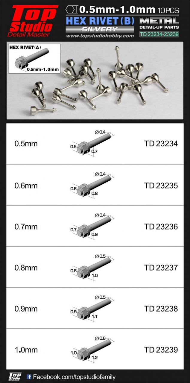 Top Studio TD23235 0.6mm Hex Rivets (B) Silvery (10 pcs)