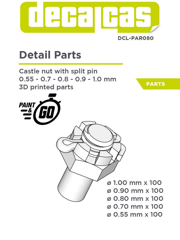 Decalcas PAR080 Nuts: Castle nut with split pin 0,55mm, 0,7mm, 0,8mm, 0,9mm, 1,0mm (100+100+100+100+100 units/each)