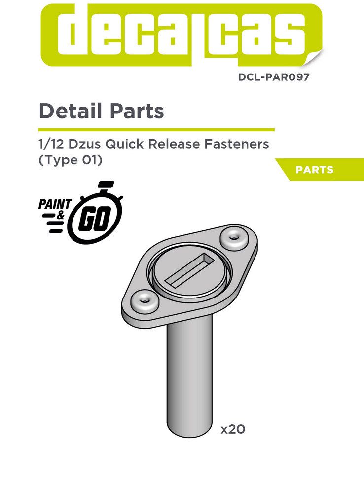 Decalcas PAR097 Bonnet pins for 1/12 scale models: Dzus quick release fasteners - Type 1 (20 units/each)