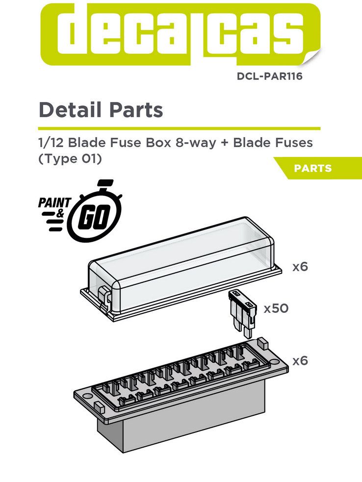 Decalcas PAR116 Detail for 1/12 scale models Blade fuse box 8 ways with fuses (50+6 units/each)