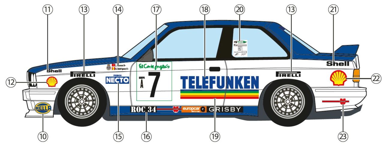 Decalcas DEC067 BMW M3 E30 sponsored by Telefunken - El Corte Ingles Rally Islas Canarias 1988