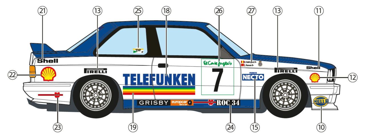 Decalcas DEC067 BMW M3 E30 sponsored by Telefunken - El Corte Ingles Rally Islas Canarias 1988