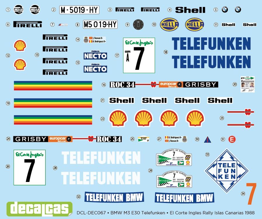 Decalcas DEC067 BMW M3 E30 sponsored by Telefunken - El Corte Ingles Rally Islas Canarias 1988