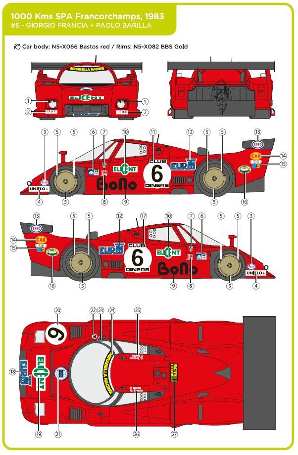 Decalcas DEC069 Lancia LC2 Team Euro TV Mirabella Racing sponsored by Elicent Euro Bono - SPA Francorchamps 1000 Kms 1983