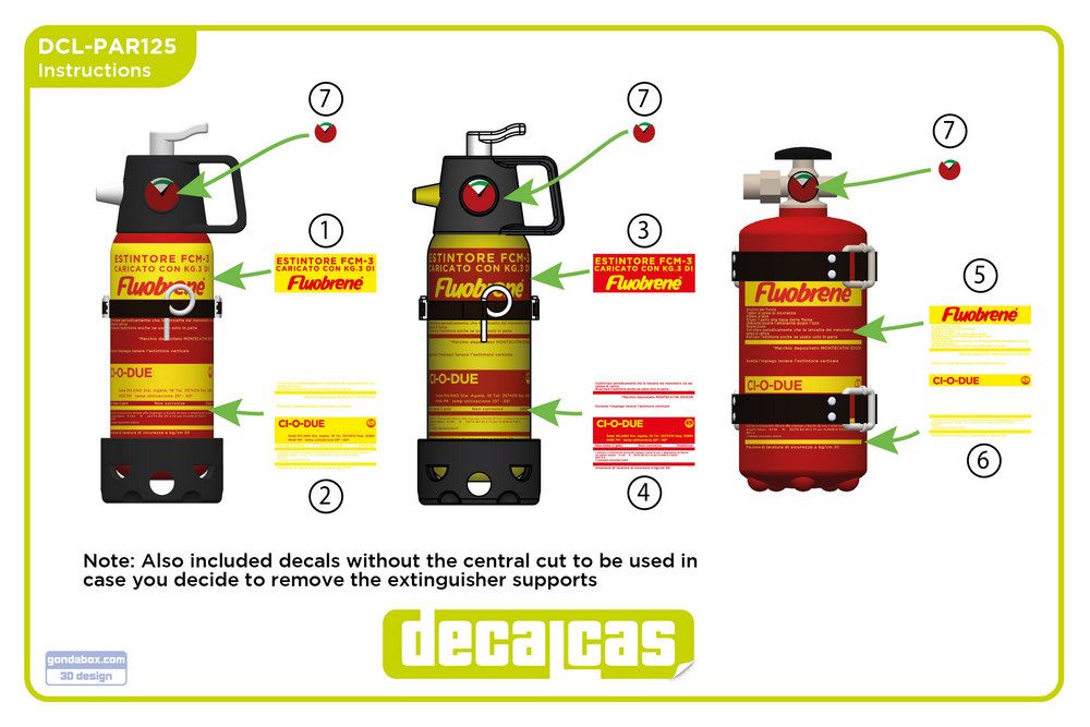 Decalcas PAR125 Fire extinguisher for 1/24 scale models: Lancia Stratos Ci-O-Due extinguisher (4+4 units/each)