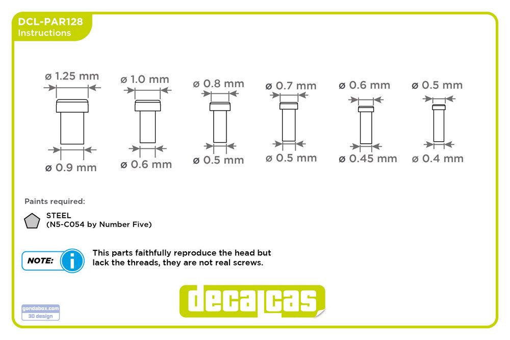 Decalcas PAR128 Fasteners for 1/24,1/20, 1/12 scale models: Slotted cheese head screws (100+100+100+100+100+100 units/each)