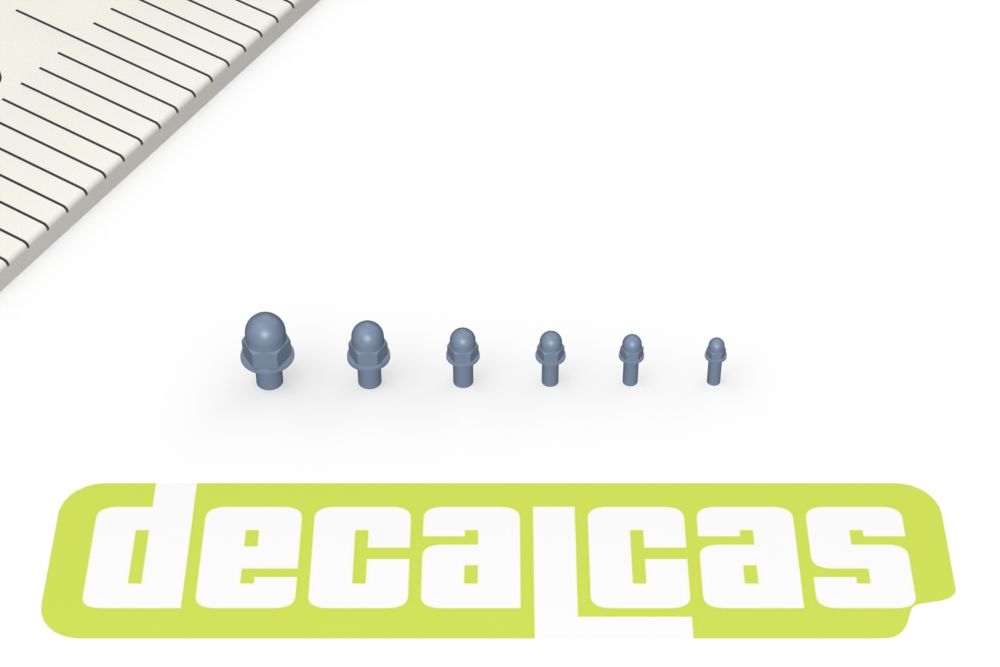 Decalcas PAR130 Nuts for 1/24,1/20,1/12 scale models: Hexagon domed cap nut with washer (100+100+100+100+100+100 units/each)