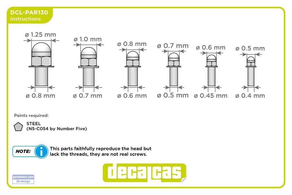 Decalcas PAR130 Nuts for 1/24,1/20,1/12 scale models: Hexagon domed cap nut with washer (100+100+100+100+100+100 units/each)