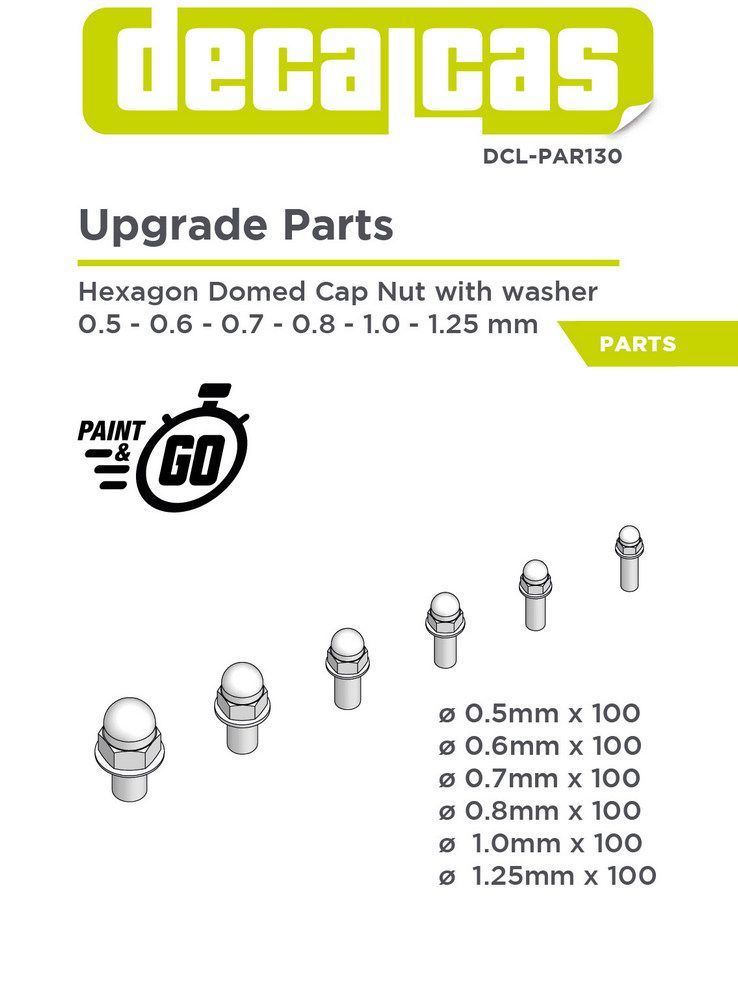 Decalcas PAR130 Nuts for 1/24,1/20,1/12 scale models: Hexagon domed cap nut with washer (100+100+100+100+100+100 units/each)