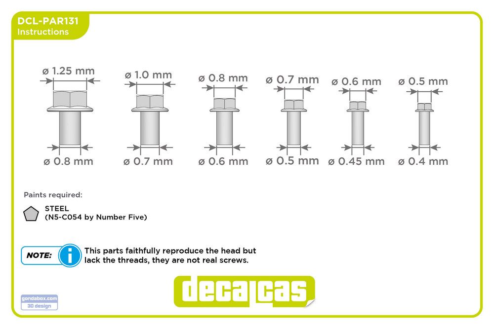 Decalcas PAR131 Fasteners for 1/24,1/20,1/12 scale models: Hexagon flange bolts (100+100+100+100+100+100 units/each)