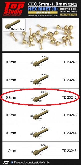 Top Studio TD23242 0.7MM HEX RIVETS (B) BRASS