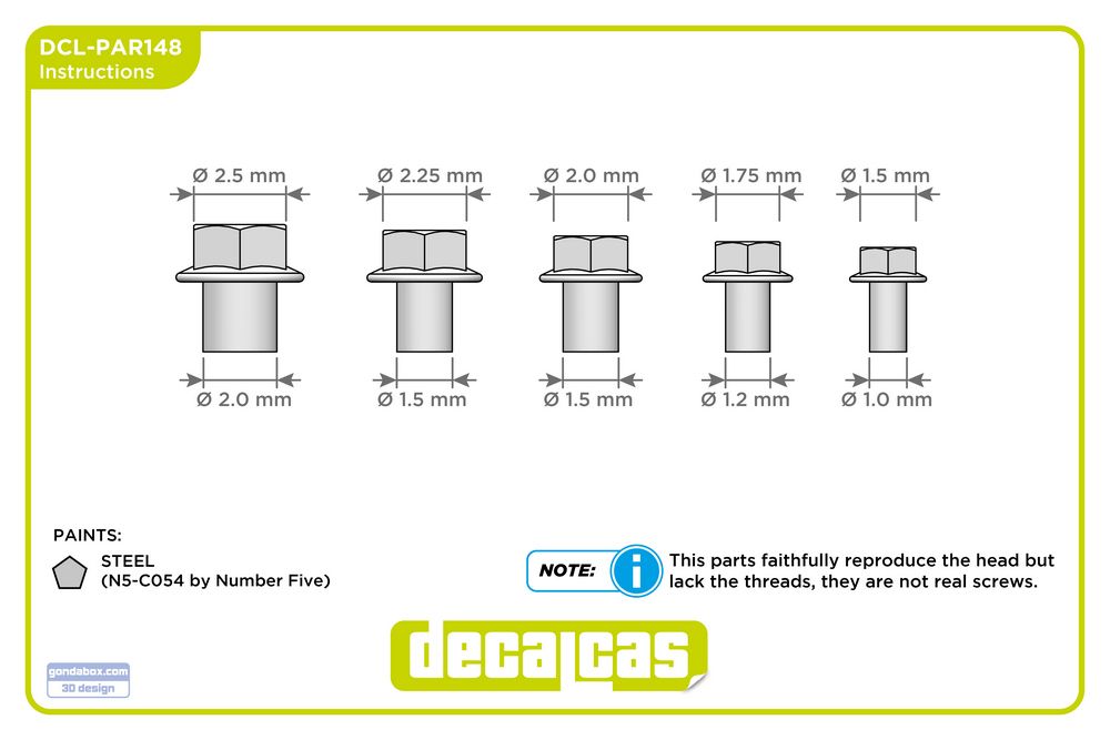 Decalcas PAR148 Fasteners for 1/24,1/20,1/12 scale models: Hexagon flange bolts (48+48+48+48+48 units/each)