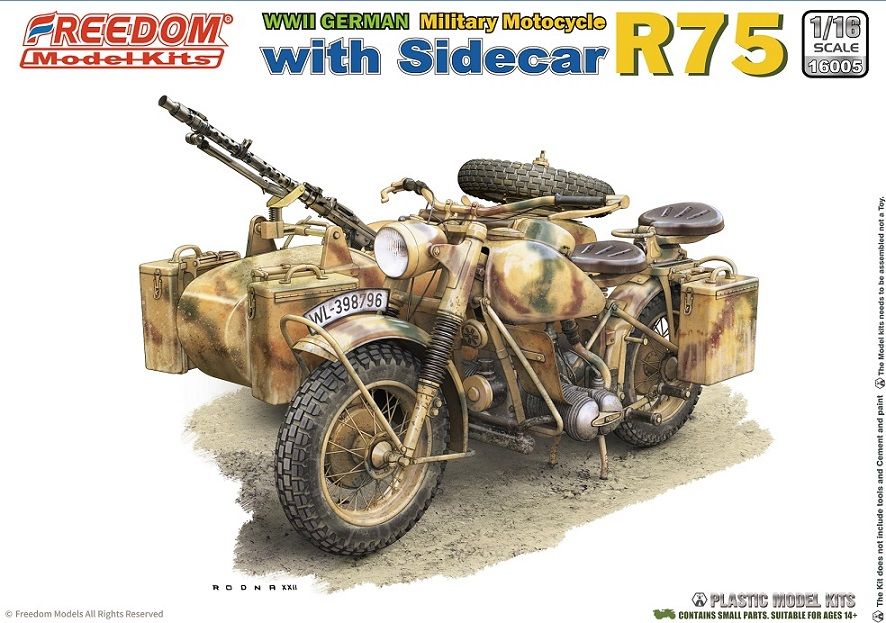 Freedom Model Kits 16005 WWII GERMAN MILITARY MOTOCYCLE WITH SIDECAR R75