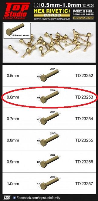 Top Studio TD23253 0.6MM HEX RIVETS (C) BRASS