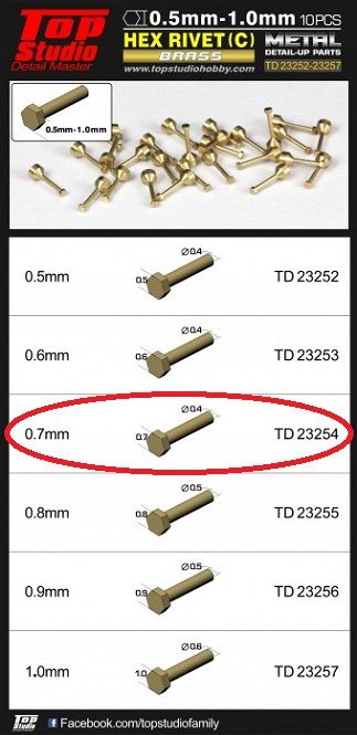 Top Studio TD23254 0.7MM HEX RIVETS (C) BRASS