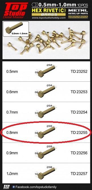 Top Studio TD23255 0.8MM HEX RIVETS (C) BRASS