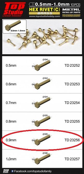 Top Studio TD23256 0.9MM HEX RIVETS (C) BRASS