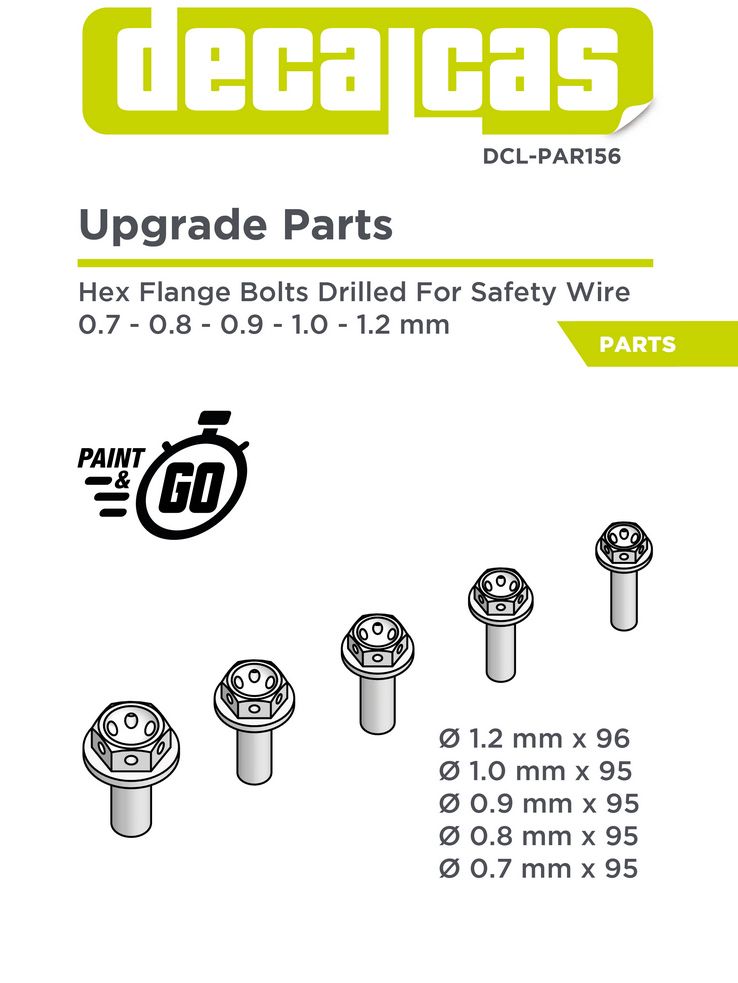 Decalcas PAR156 Fasteners: Hexagonal flange bolt drilled 0.7 - 1.2 mm (95+95+95+95+96 units/each)