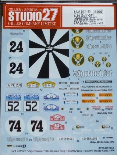 Studio27 DC1153 Golf Gti Jagermeister #24 Hessen Rally 1975 Monte-Carlo 1976 Decal (Revell)