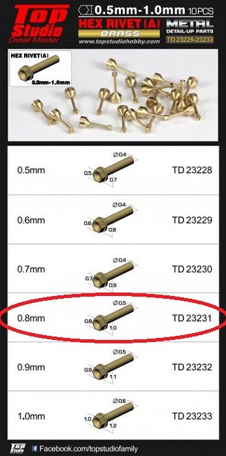 Top Studio TD23231 0.8MM HEX RIVETS (A) BRASS
