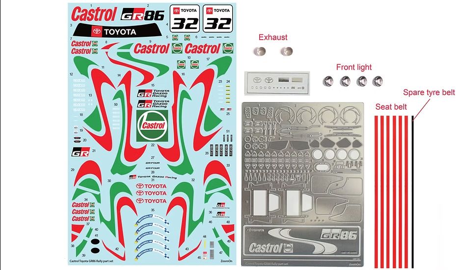 ZoomOn Z213 Castrol Toyota GR86 Rally part set for Tamiya